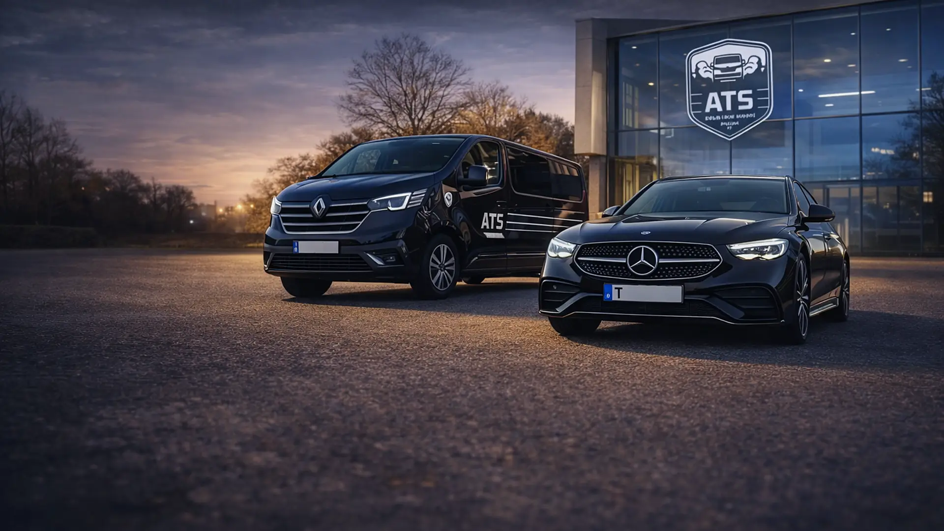The ATS van and Mercedes saloon at dusk